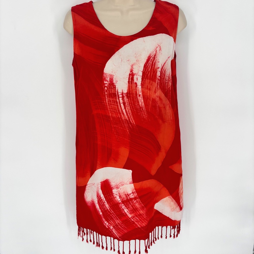 Caribelle Batik Womens Red White Abstract Fringe Hem Rayon Shift Dress Tunic